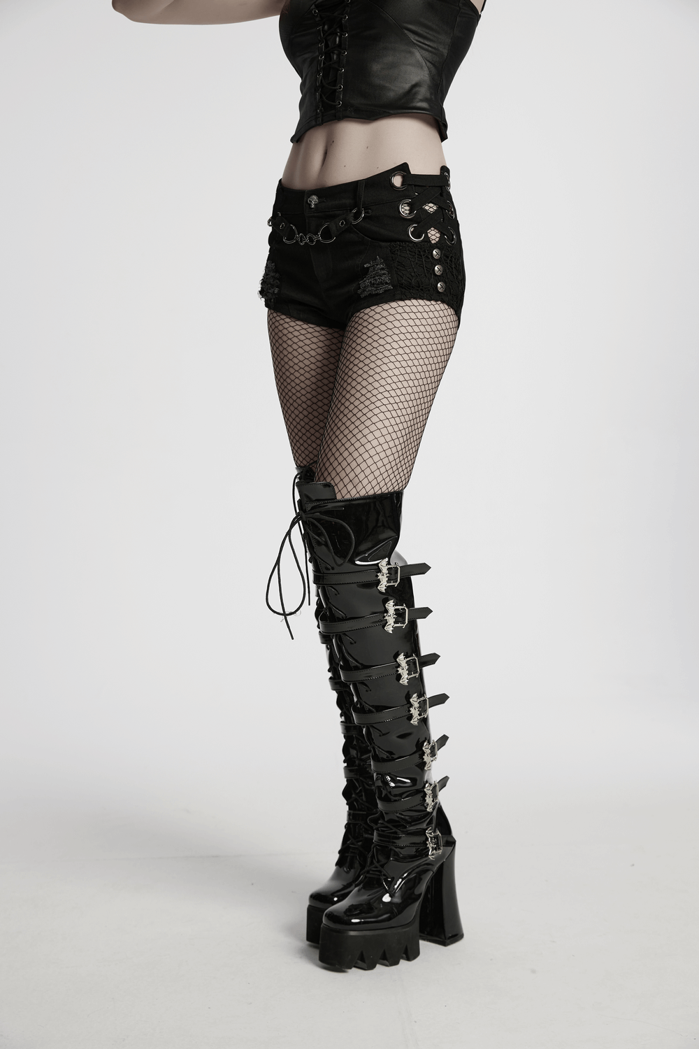 Sexy Denim Shorts with Detachable Chain and Metal Eyelets