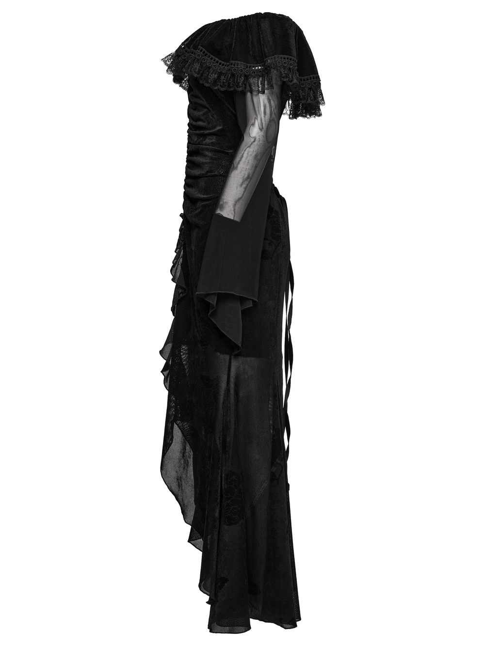 Sexy Goth Mesh Dress with Ruffle and Fishtail Hem Design