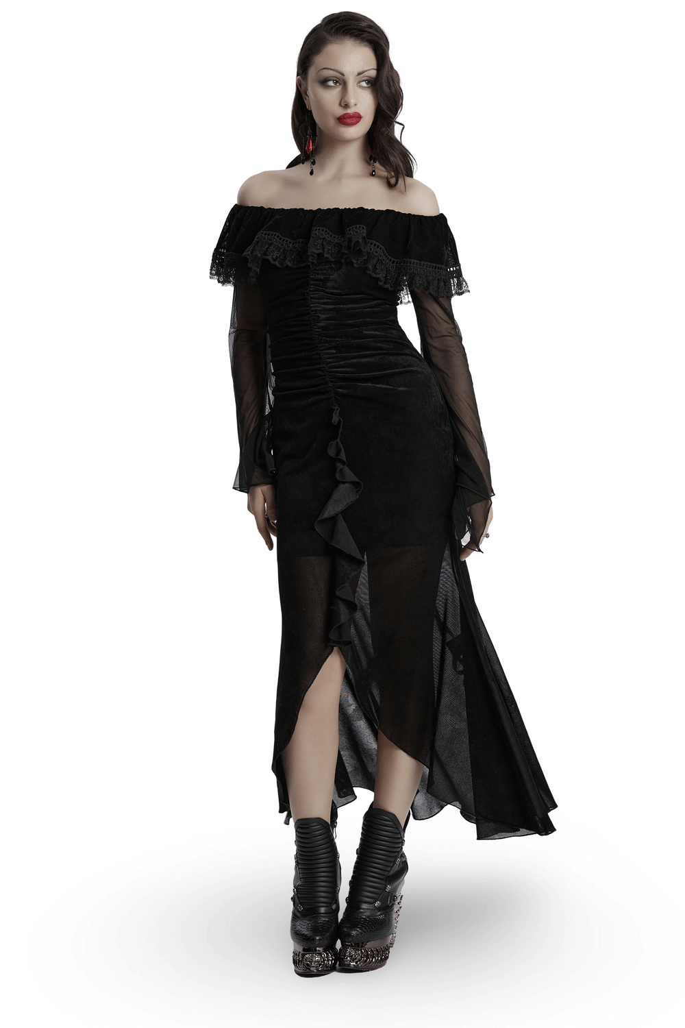 Sexy Goth Mesh Dress with Ruffle and Fishtail Hem Design