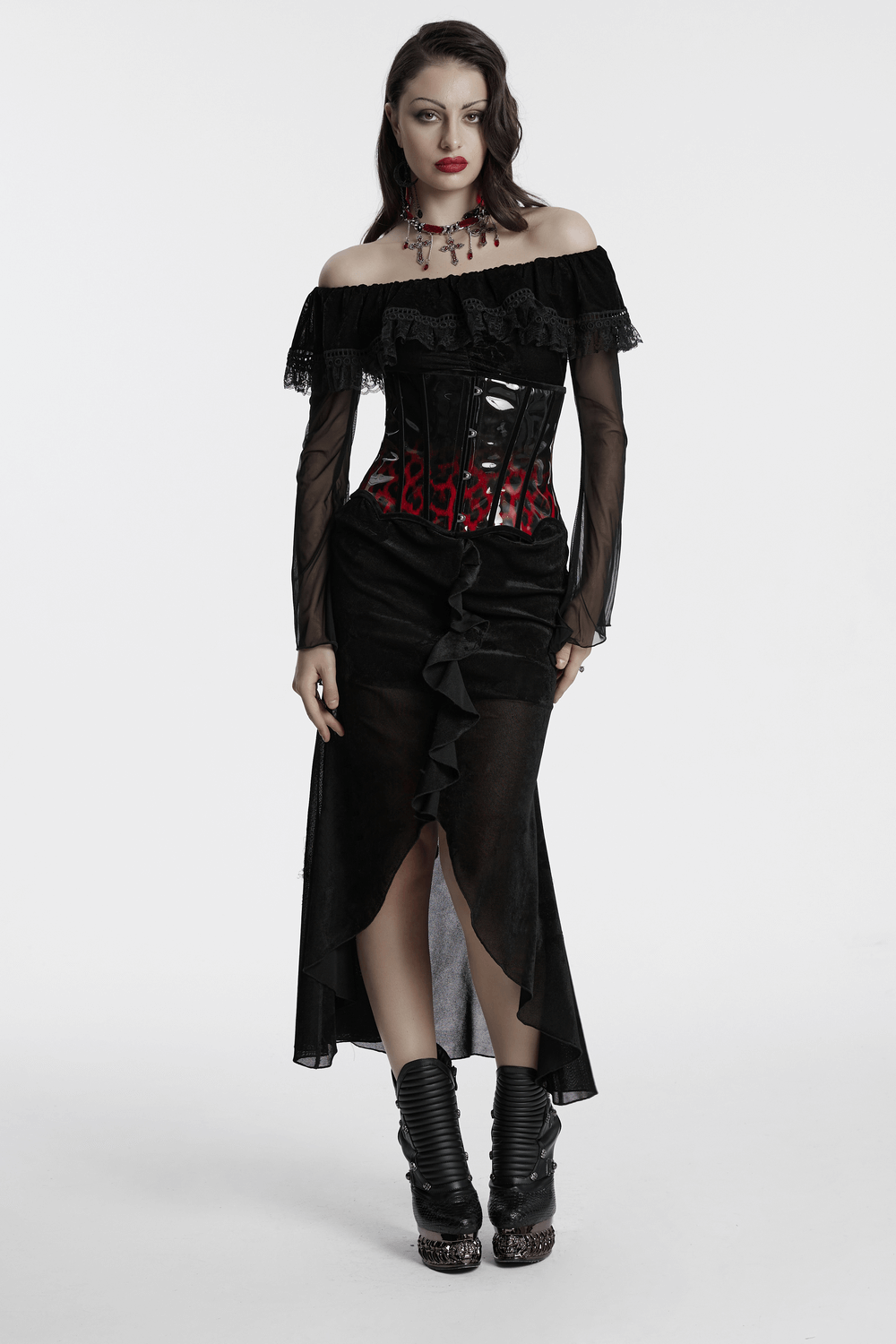 Sexy Goth Mesh Dress with Ruffle and Fishtail Hem Design