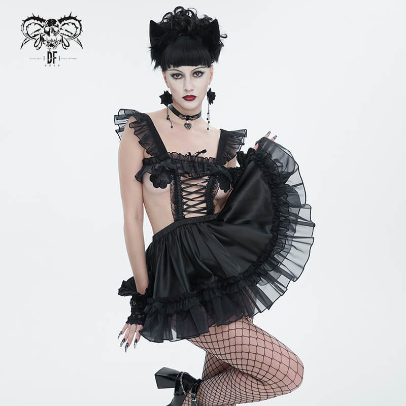 Sexy Ladies Hollow Out Short Lingerie Dress / Black Gothic Women's Dress with Frill and Lace