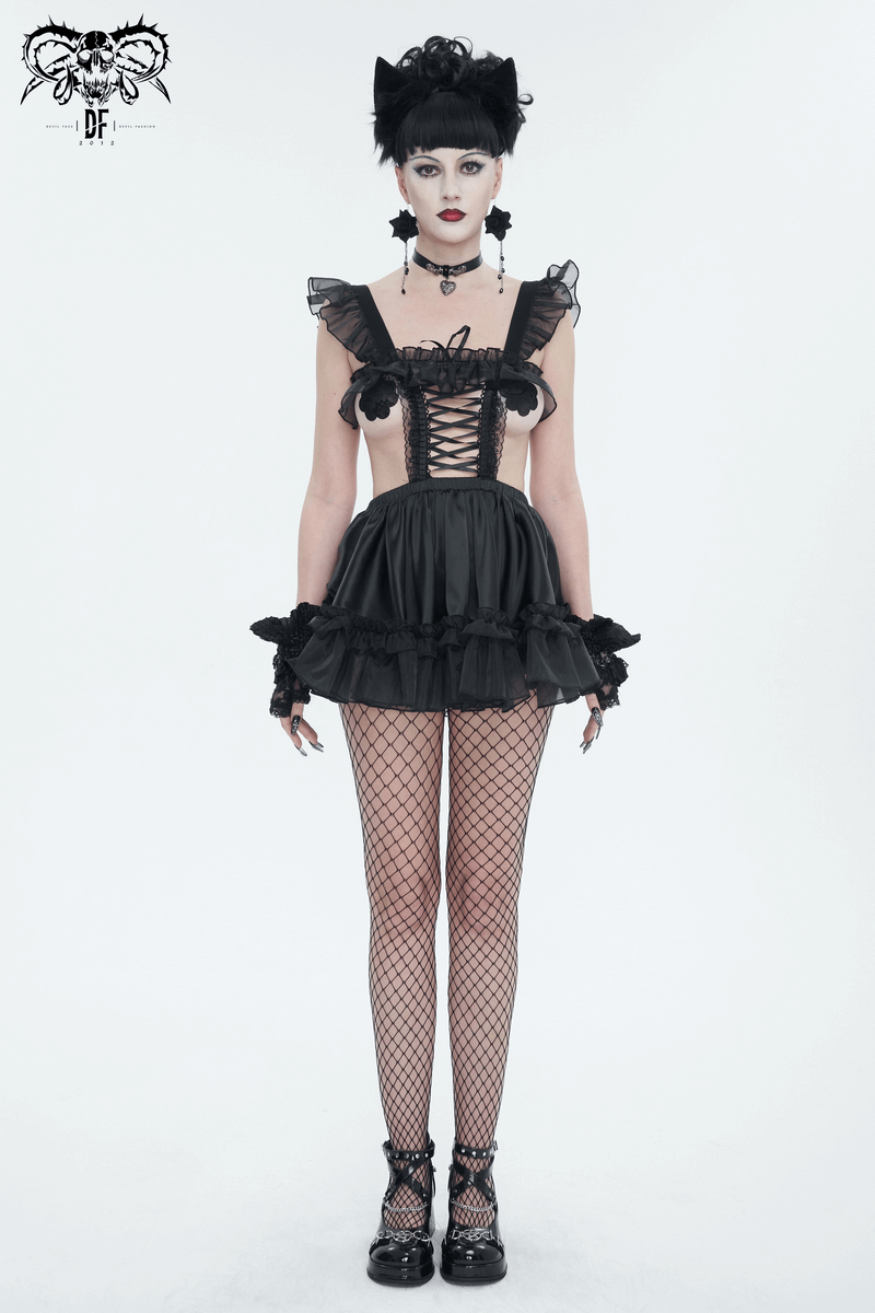 Sexy Ladies Hollow Out Short Lingerie Dress / Black Gothic Women's Dress with Frill and Lace
