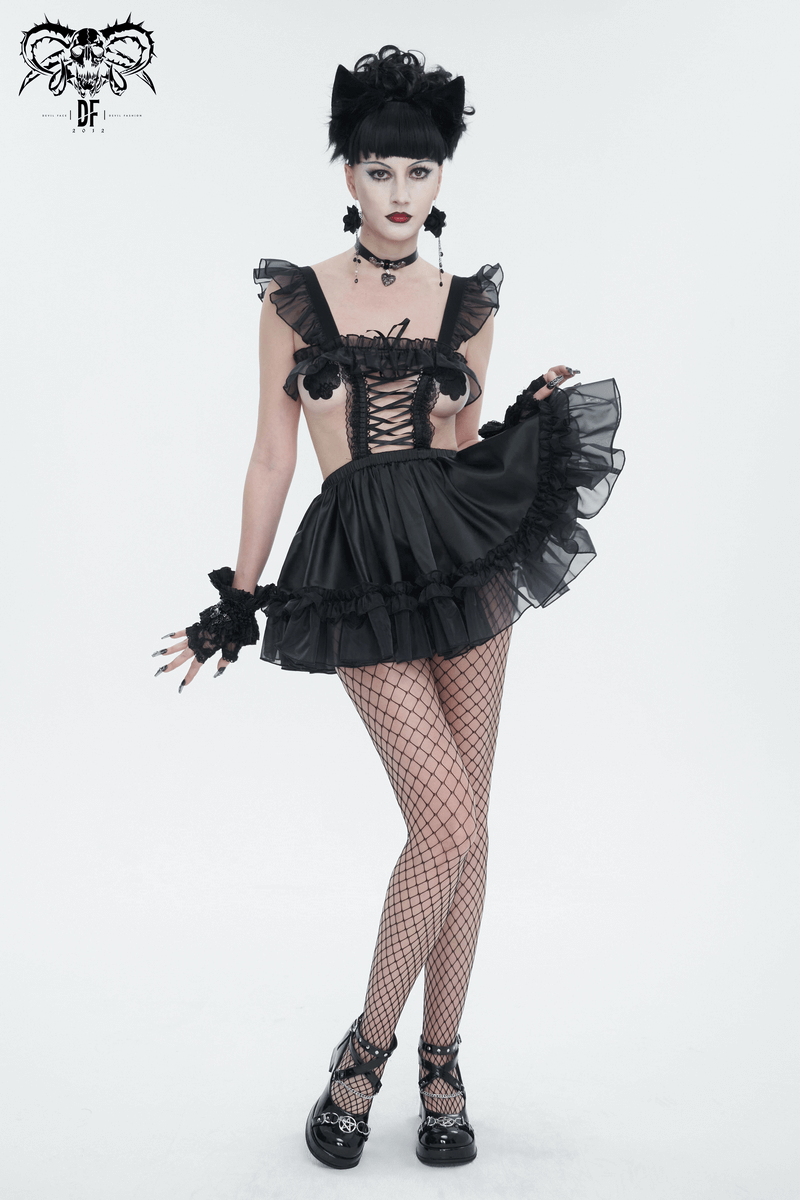 Sexy Ladies Hollow Out Short Lingerie Dress / Black Gothic Women's Dress with Frill and Lace