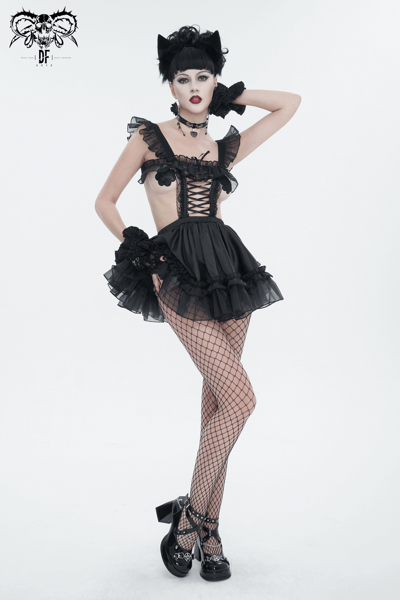 Sexy Ladies Hollow Out Short Lingerie Dress / Black Gothic Women's Dress with Frill and Lace