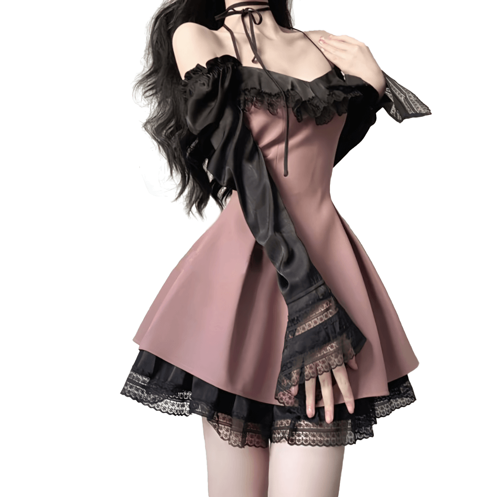 UK SALE of Long Sleeves Pink Mesh Dress / Gothic Women's Open Shoulders Mini Dress