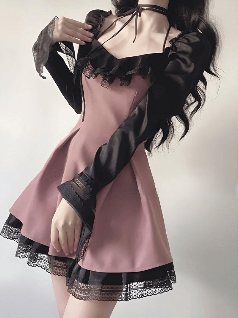 UK SALE of Long Sleeves Pink Mesh Dress / Gothic Women's Open Shoulders Mini Dress
