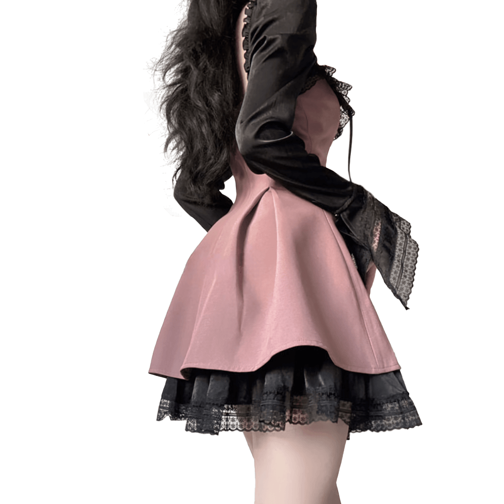UK SALE of Long Sleeves Pink Mesh Dress / Gothic Women's Open Shoulders Mini Dress