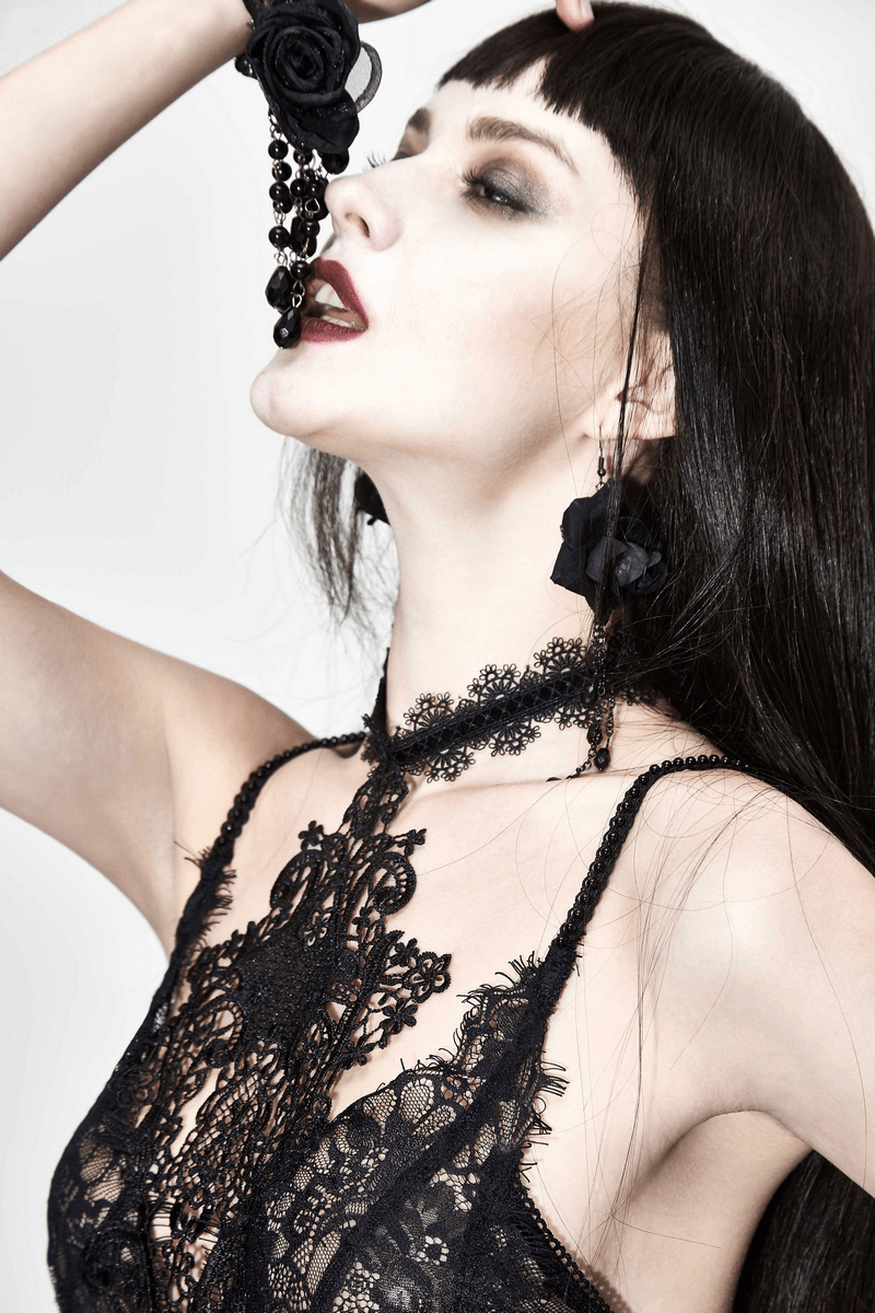 Sexy Long Transparent Lace Dress / Romantic Black Dresses With Lace Chocker