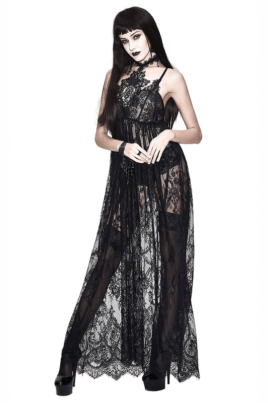 Sexy Long Transparent Lace Dress / Romantic Black Dresses With Lace Chocker