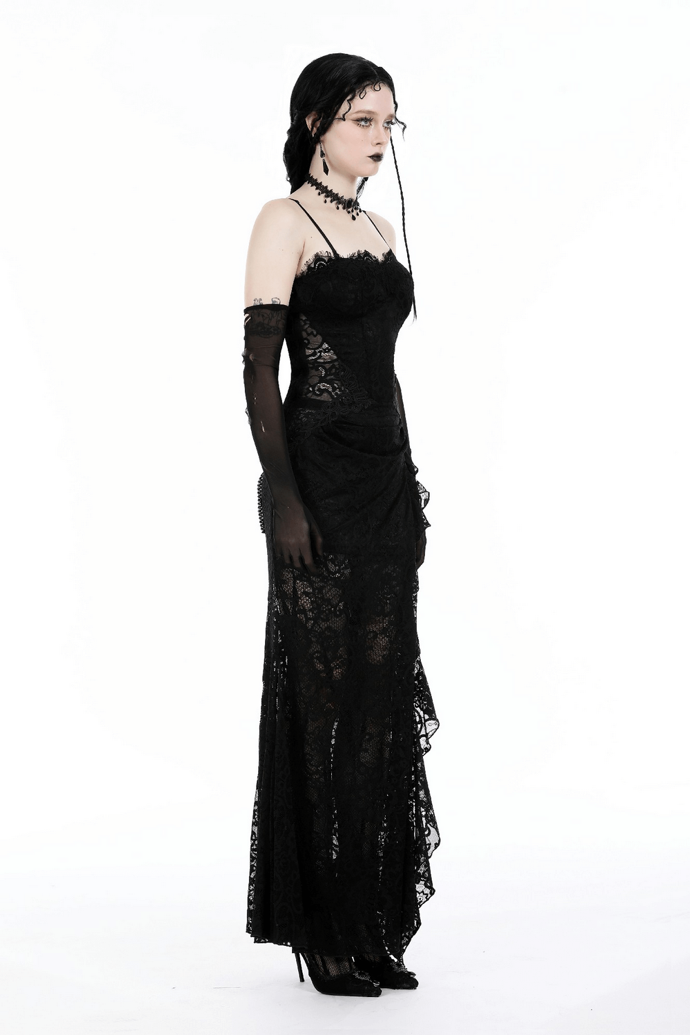 Sexy Sheer Black Lace Maxi Dress with Side Slit