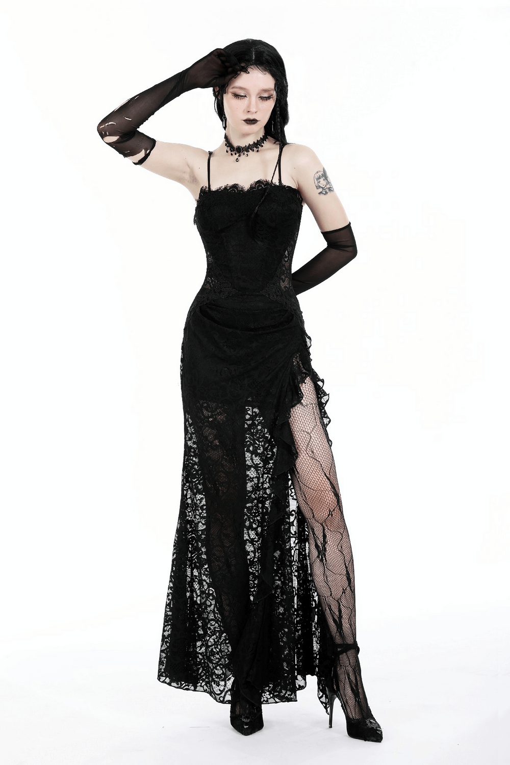 Sexy Sheer Black Lace Maxi Dress with Side Slit