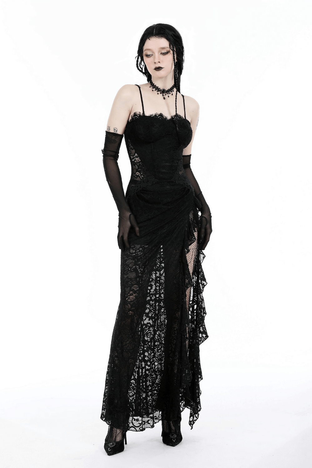 Sexy Sheer Black Lace Maxi Dress with Side Slit