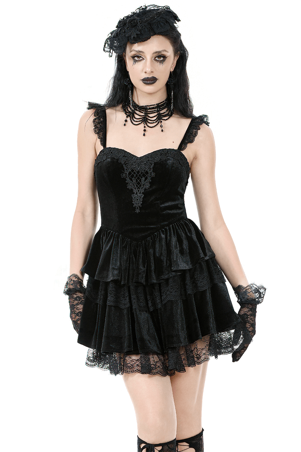 Sexy Velvet Lace Tiered Mini Dress with Corset and Ruffles