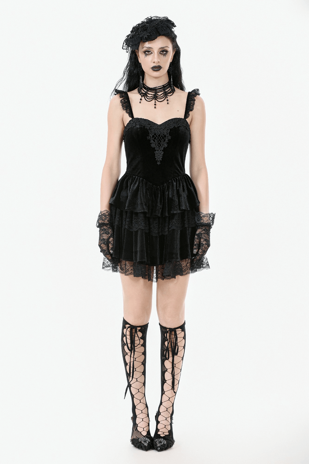 Sexy Velvet Lace Tiered Mini Dress with Corset and Ruffles