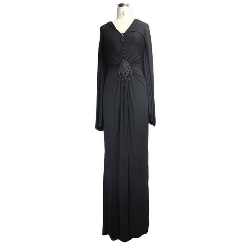 Sexy Women's Gothic Deep V-Neck Dress with Wide Sleeve / Black Ladies Long High Waist Dress