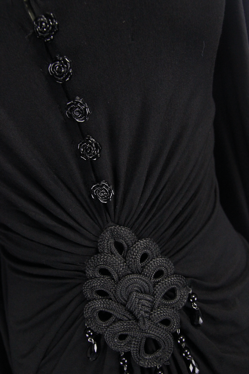 Sexy Women's Gothic Deep V-Neck Dress with Wide Sleeve / Black Ladies Long High Waist Dress