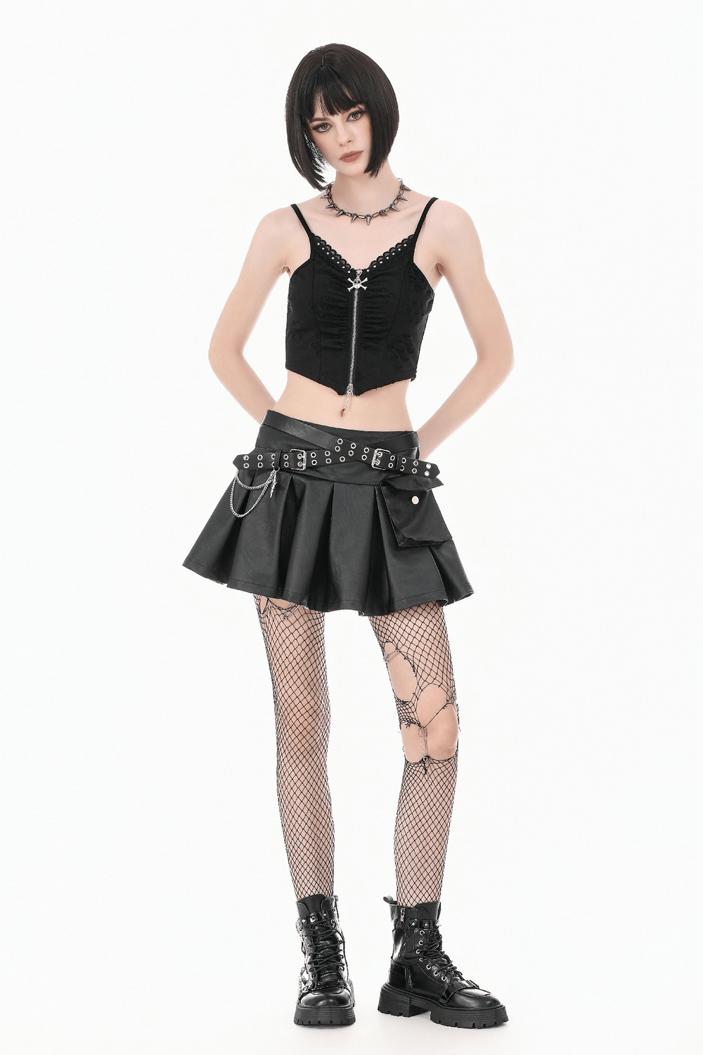 Sexy Women's Pleated Mini Skirt With Lace-Up Waist Detail