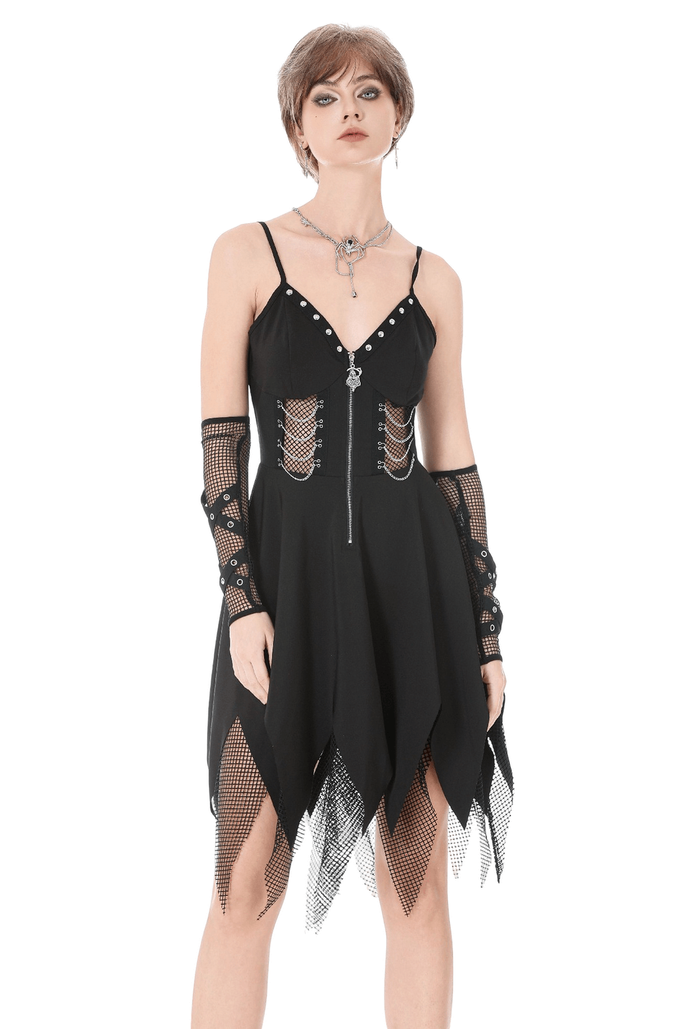 Sexy Zip Front Dress with Fishnet Jagged Hem Detail