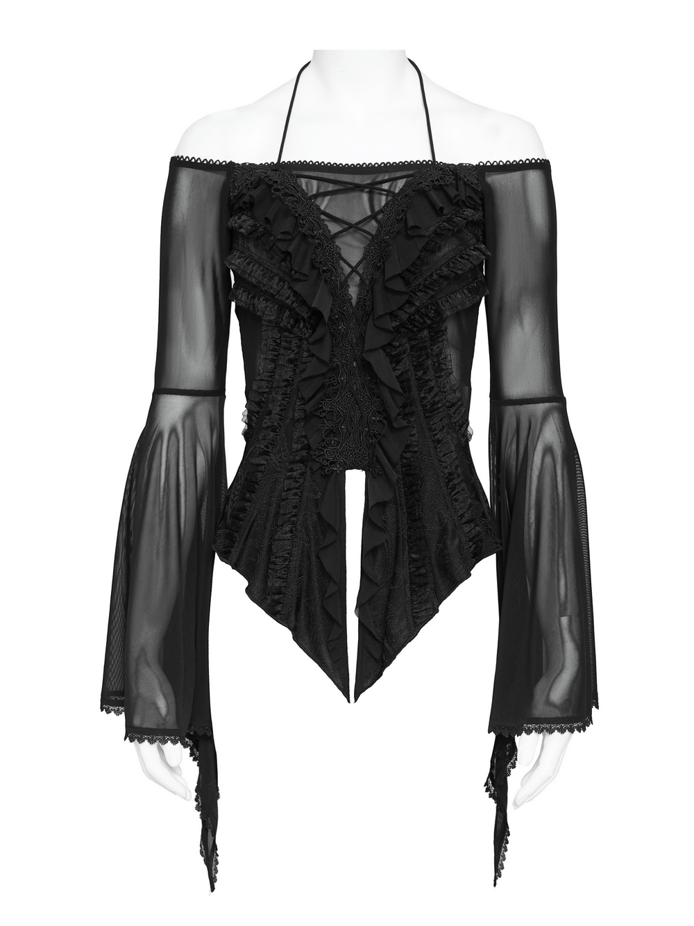 Sheer Off-Shoulder Ruffled Mesh Top with Bell Sleeves