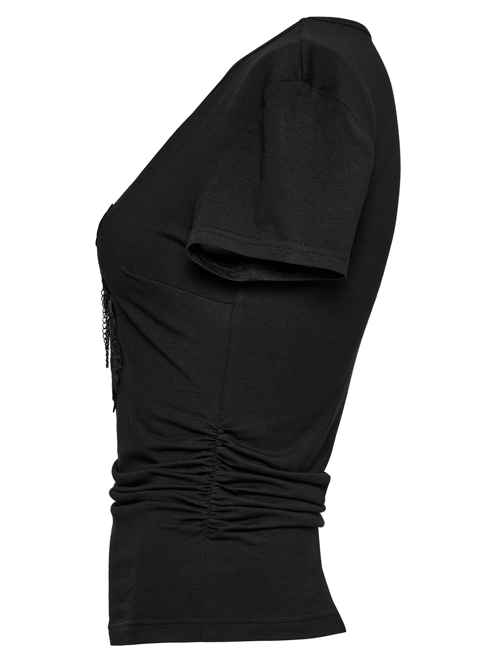 Skull and Lace Black V-Neck Elastic T-Shirt for Women