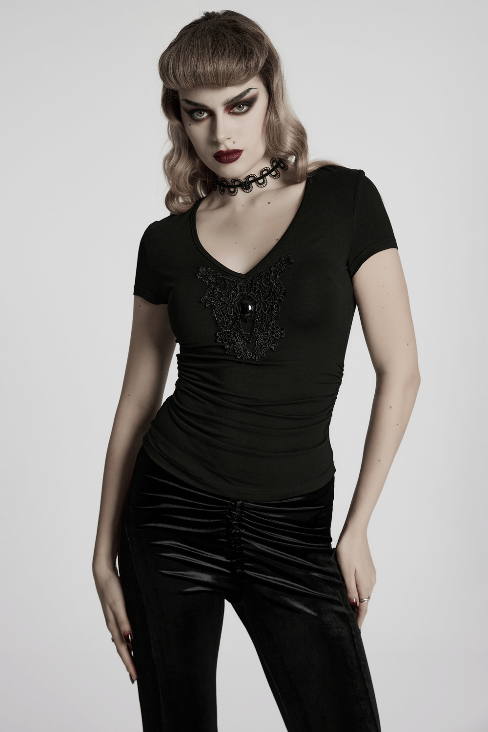 Skull and Lace Black V-Neck Elastic T-Shirt for Women