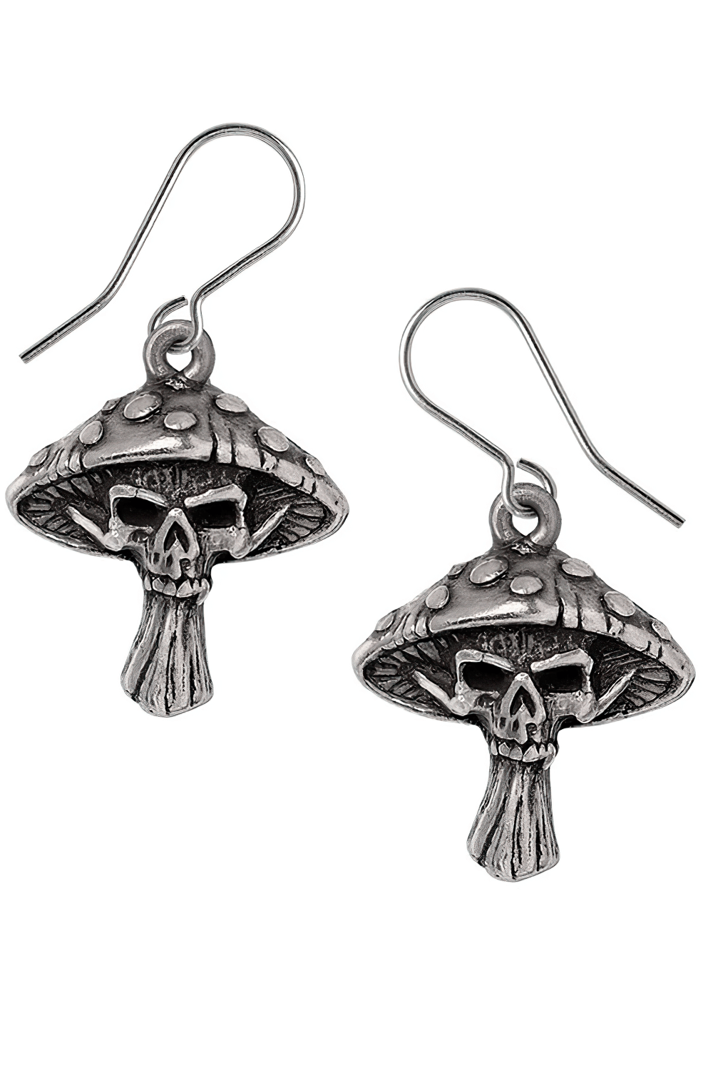 Skull and Mushroom Gothic Drop Earrings in Fine Pewter