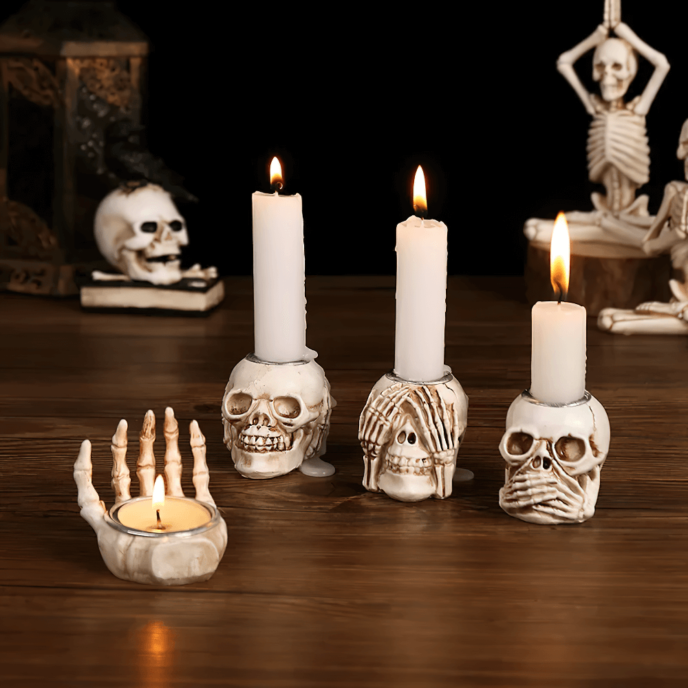 Skull Candle Holders Set with Skeleton Hand Design