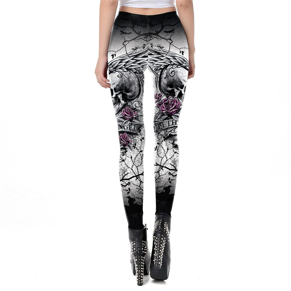 Skull Head Print Leggings for Halloween / Women Carnival Ghost Pattern Pants in Gothic Style #4