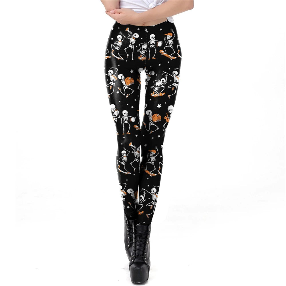 Skull Head Print Leggings for Halloween / Women Carnival Ghost Pattern Pants in Gothic Style #5