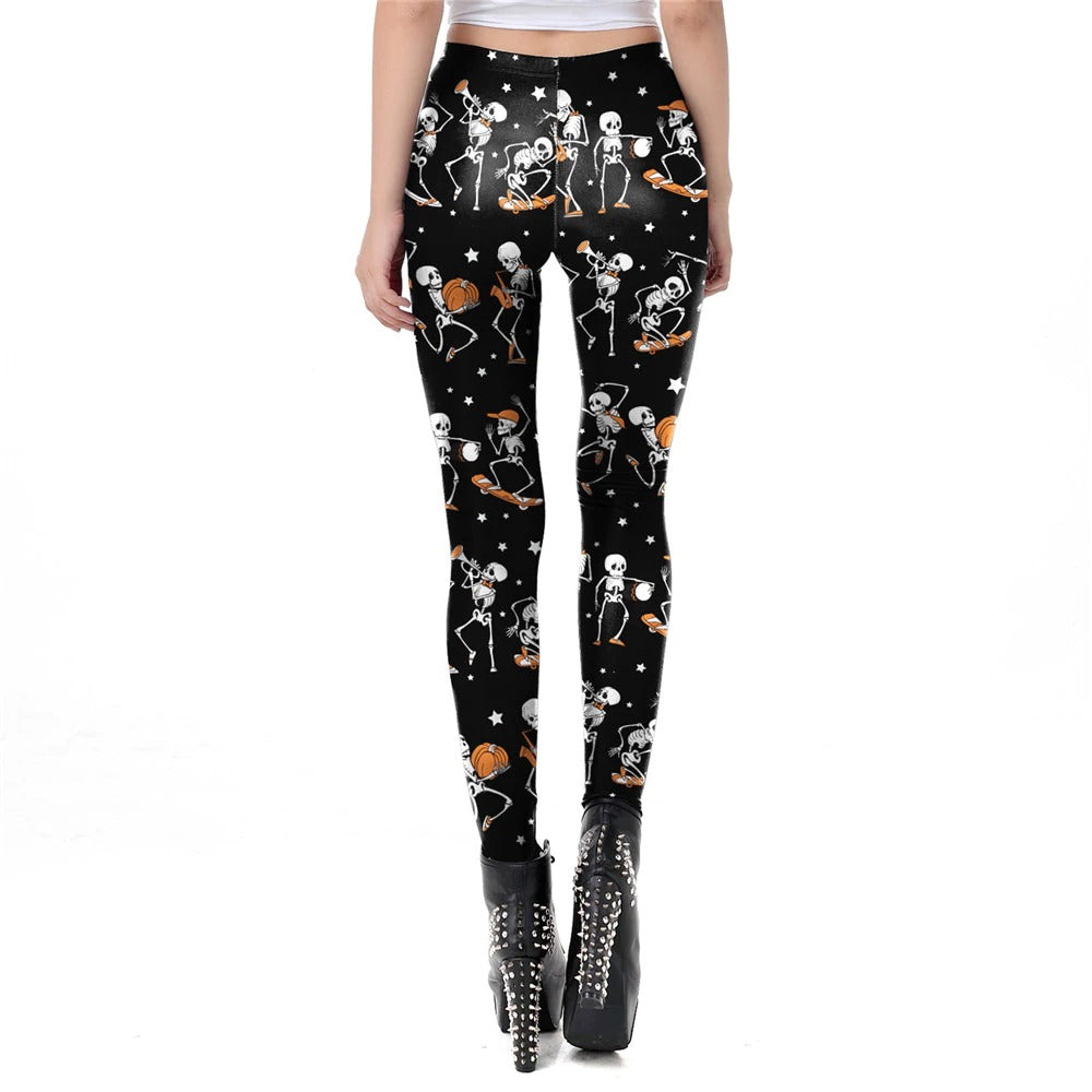 Skull Head Print Leggings for Halloween / Women Carnival Ghost Pattern Pants in Gothic Style #5