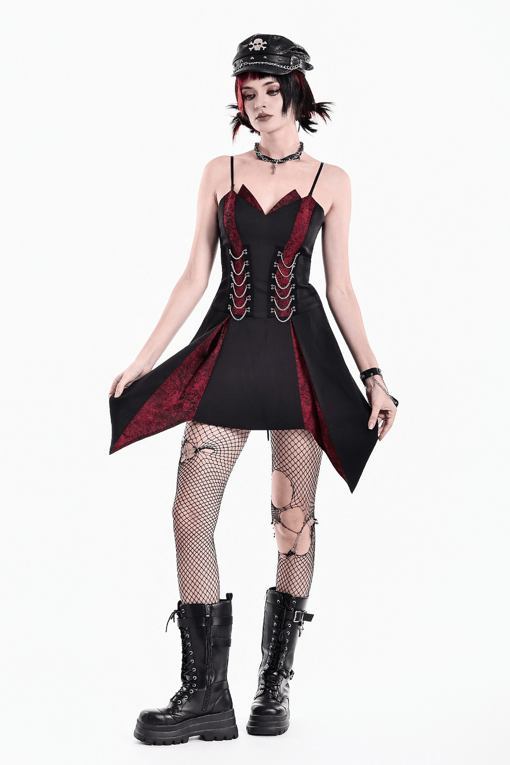 Spaghetti Strap Dress with Wine Red Brocade Panels