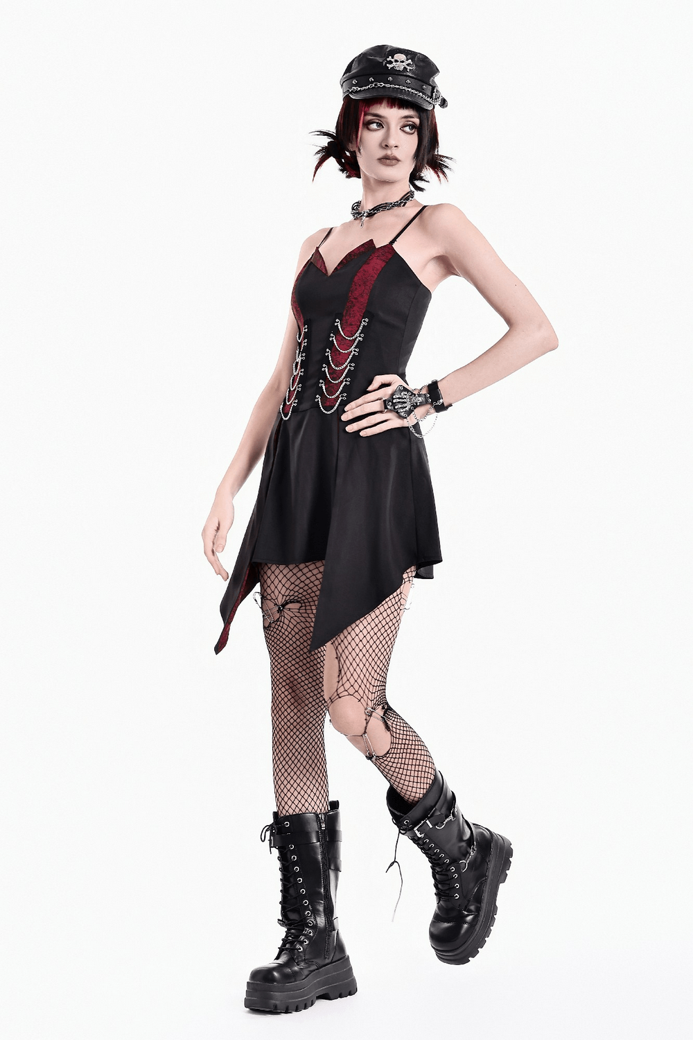 Spaghetti Strap Dress with Wine Red Brocade Panels