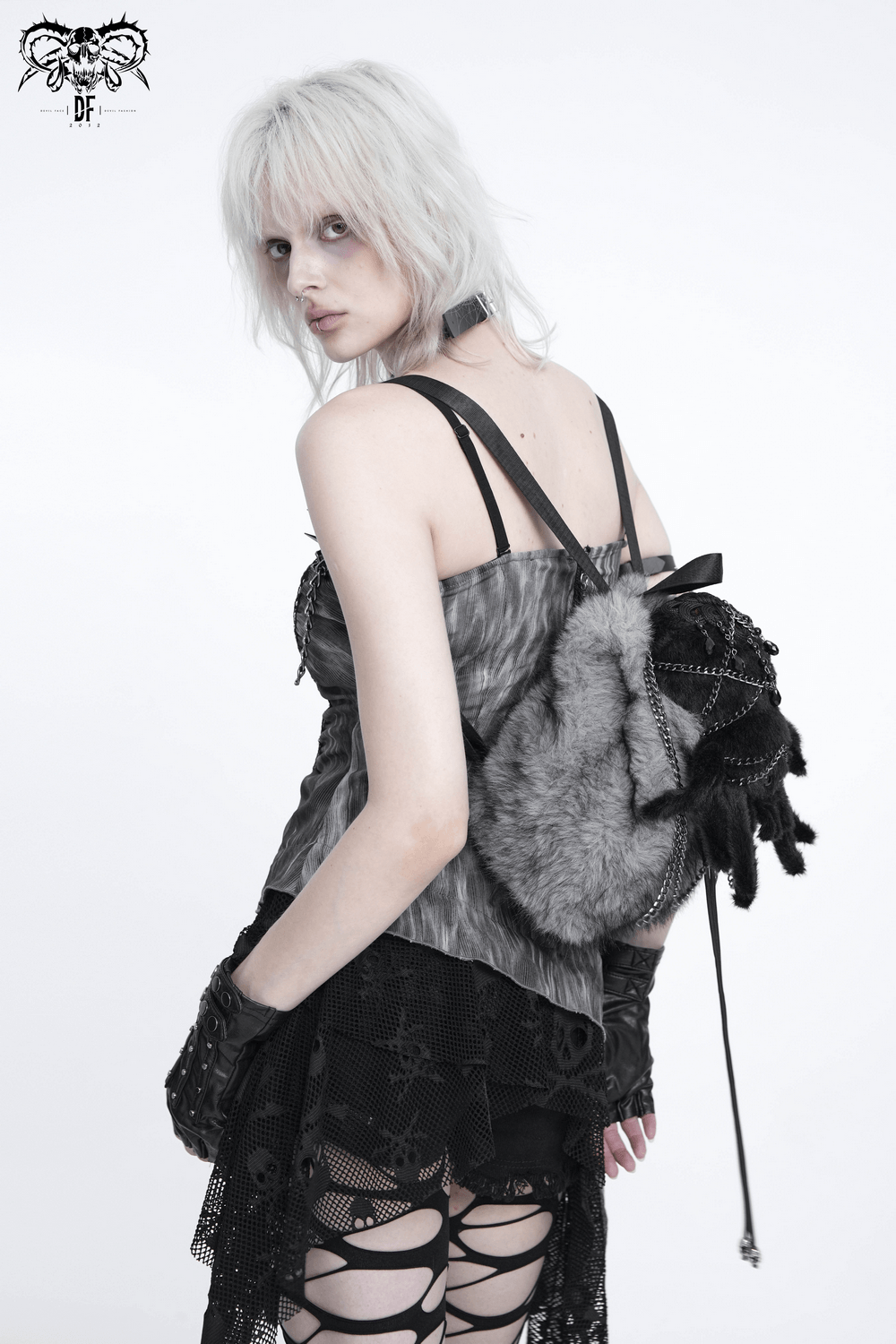 Spider Backpack with Faux Fur and Metal Chain Details