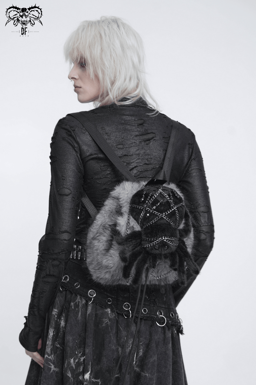 Spider Backpack with Faux Fur and Metal Chain Details