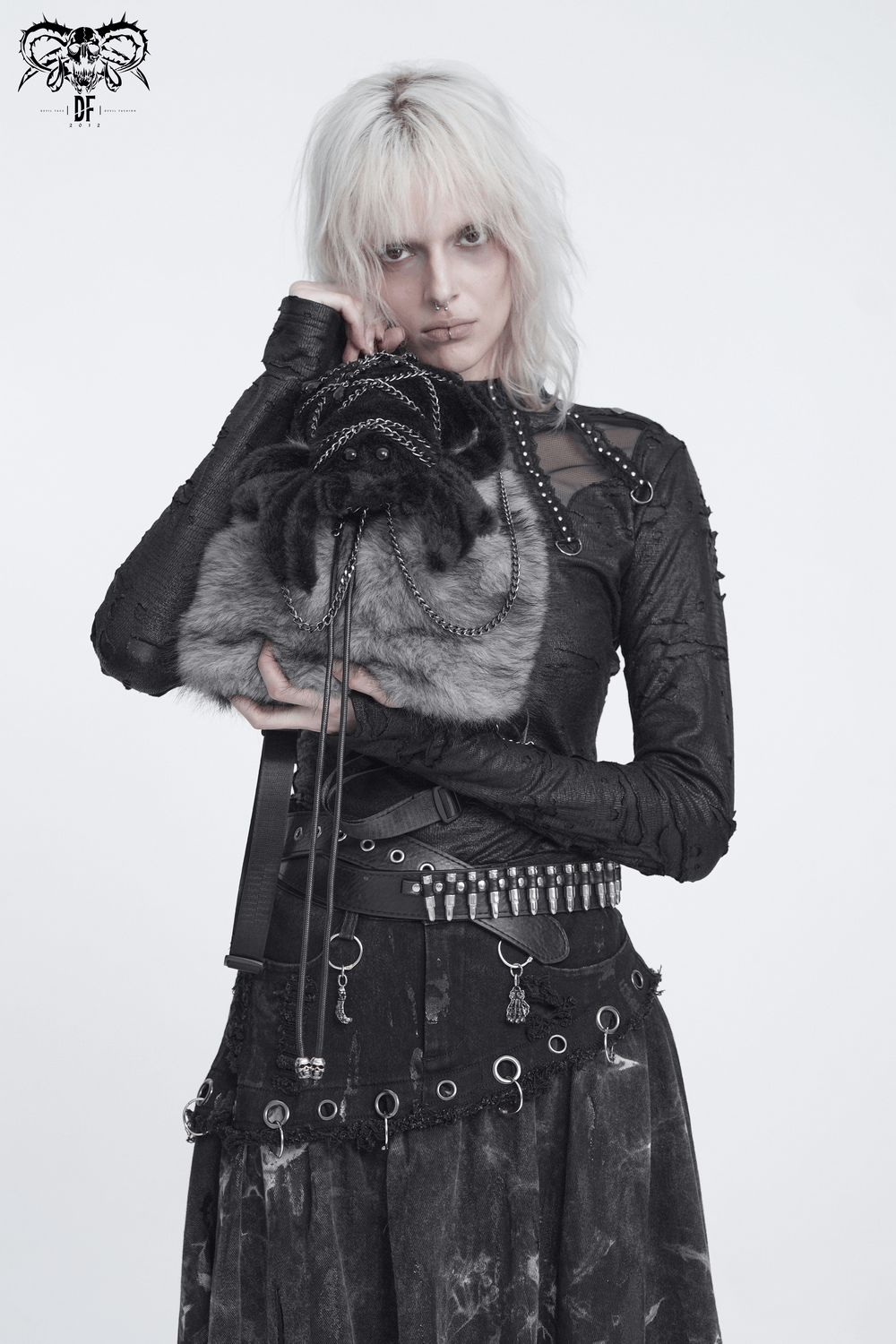 Spider Backpack with Faux Fur and Metal Chain Details