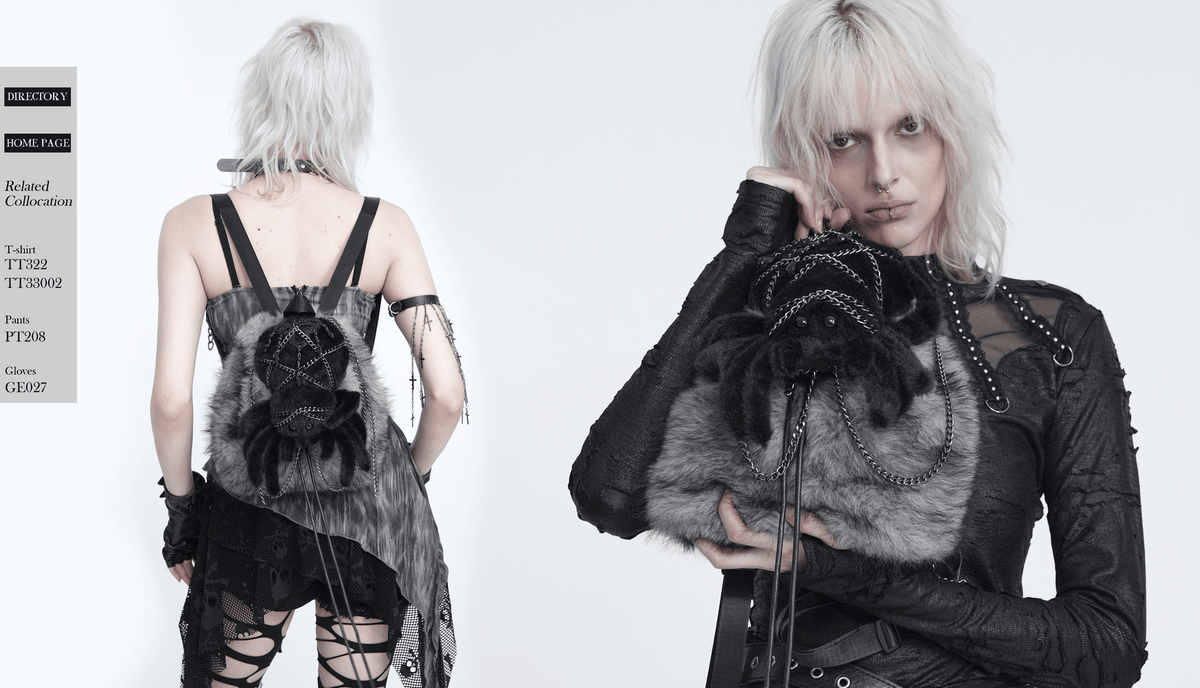 Spider Backpack with Faux Fur and Metal Chain Details