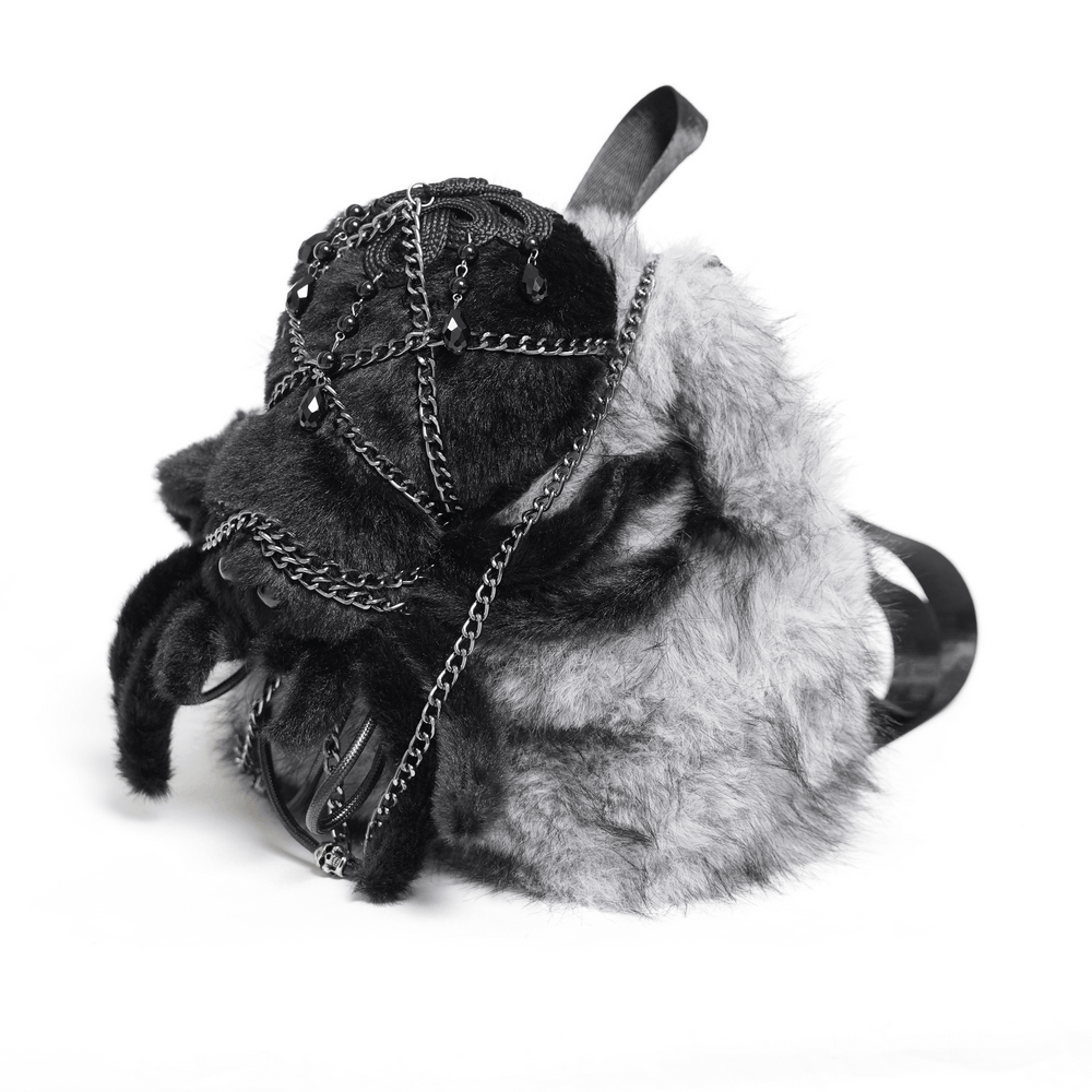 Spider Backpack with Faux Fur and Metal Chain Details