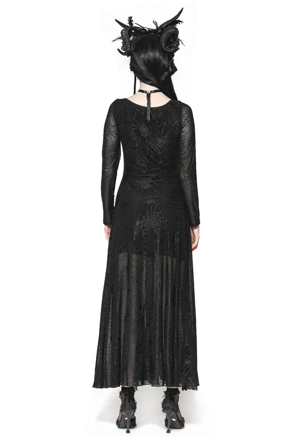 Spiderweb Lace-Up Dress with Sheer Sleeves and Straps