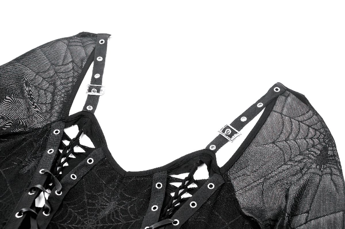 Spiderweb Lace-Up Dress with Sheer Sleeves and Straps