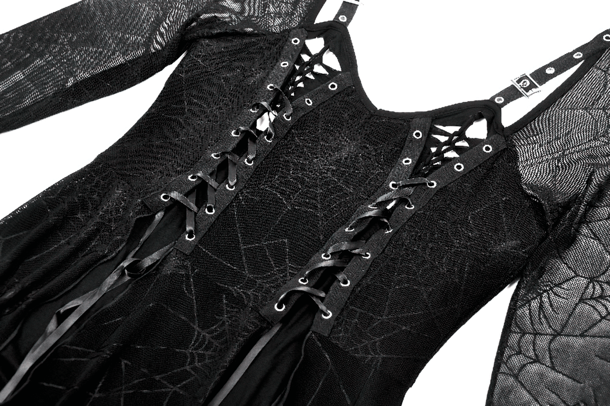 Spiderweb Lace-Up Dress with Sheer Sleeves and Straps