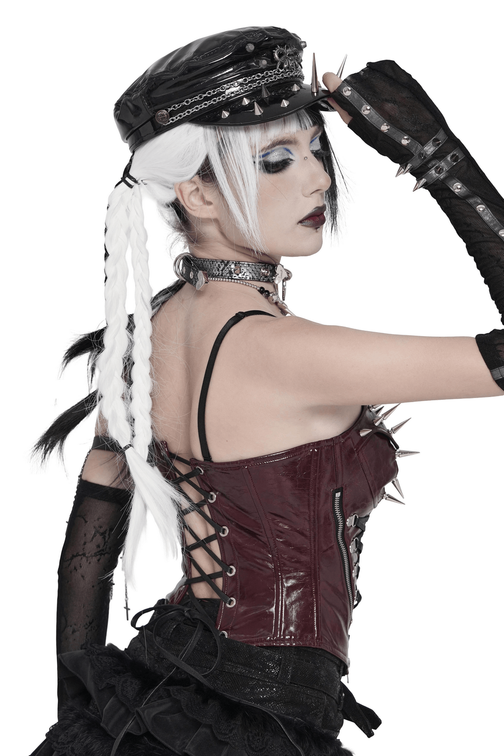 Spiked Burgundy Faux Leather Gothic Corset Top with Zips
