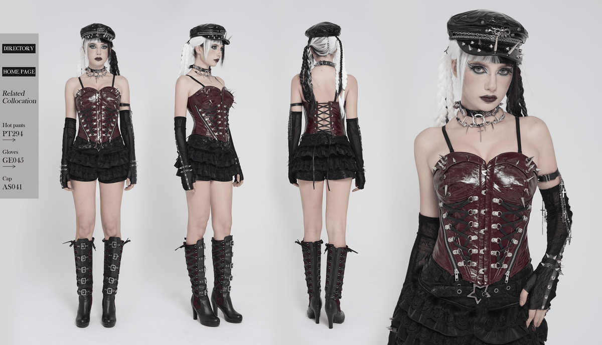 Spiked Burgundy Faux Leather Gothic Corset Top with Zips