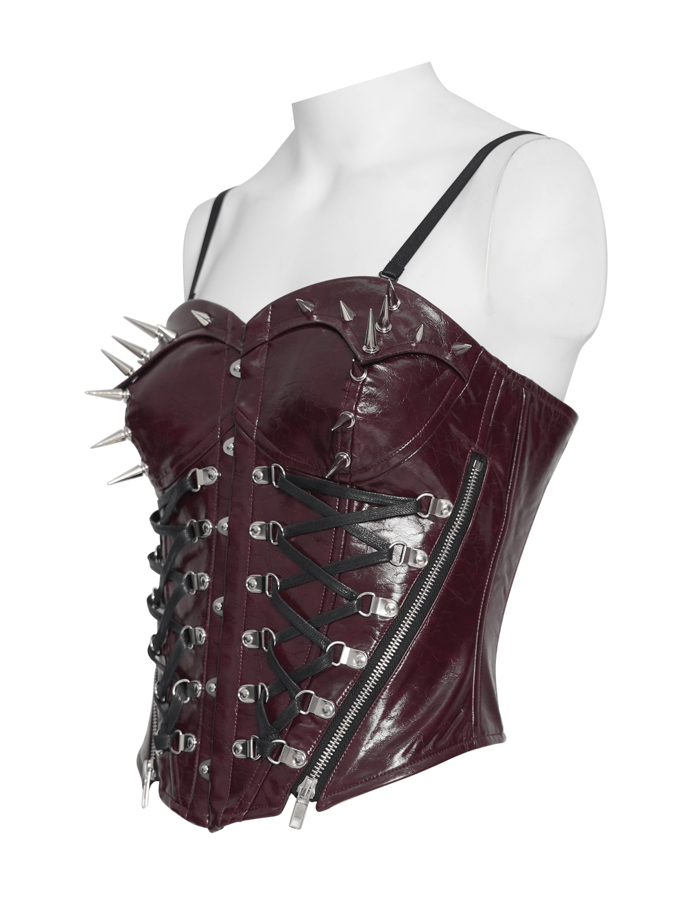 Spiked Burgundy Faux Leather Gothic Corset Top with Zips