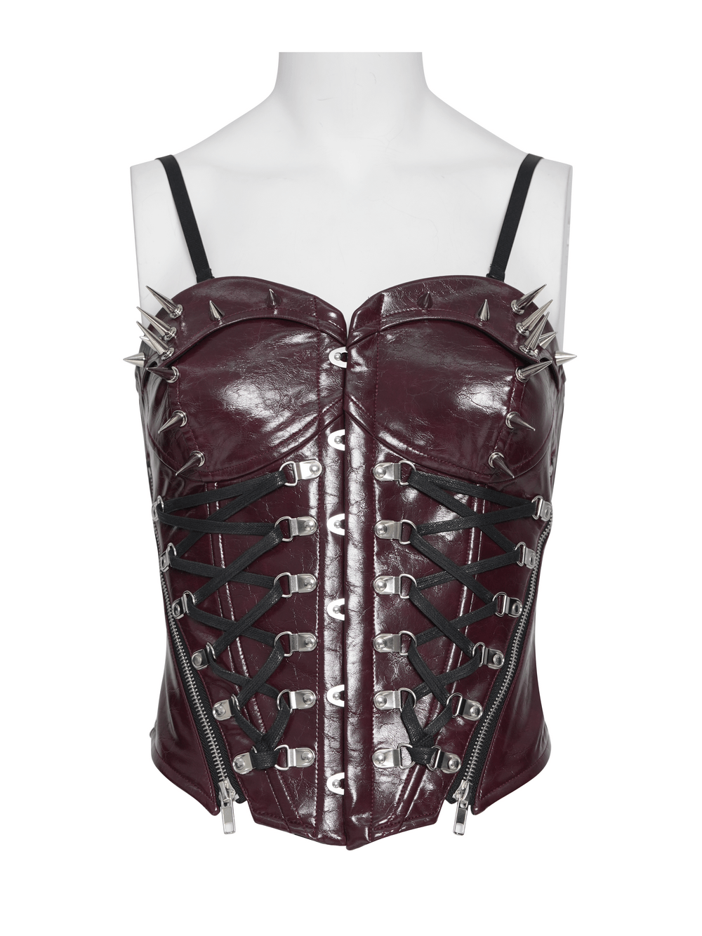 Spiked Burgundy Faux Leather Gothic Corset Top with Zips