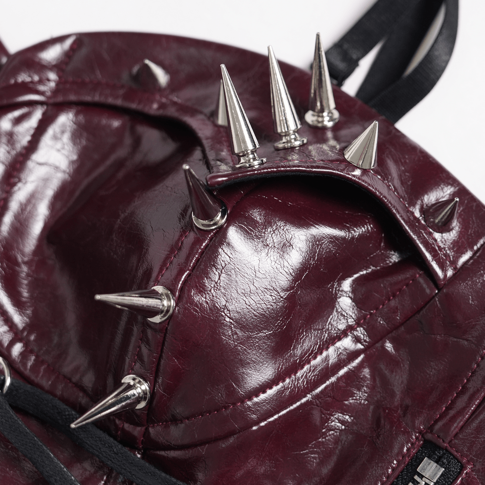 Spiked Burgundy Faux Leather Gothic Corset Top with Zips