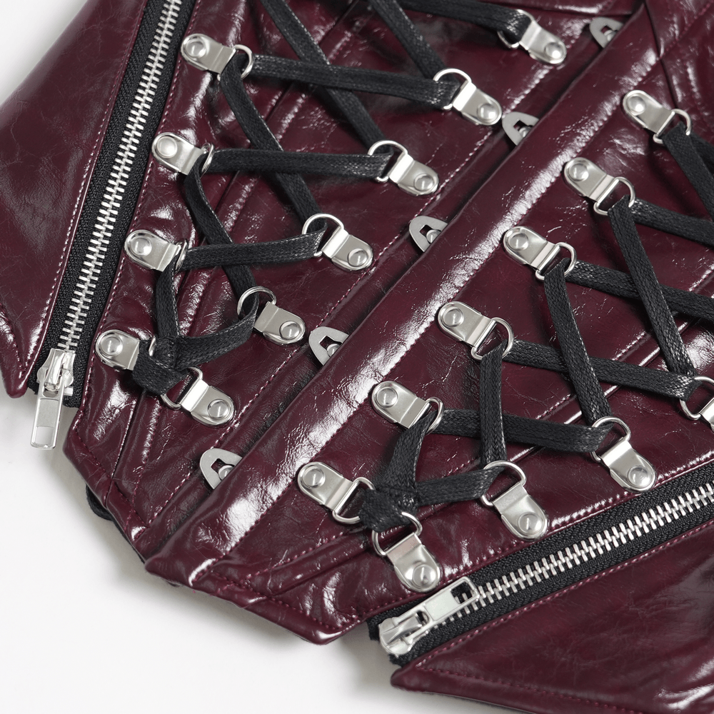 Spiked Burgundy Faux Leather Gothic Corset Top with Zips