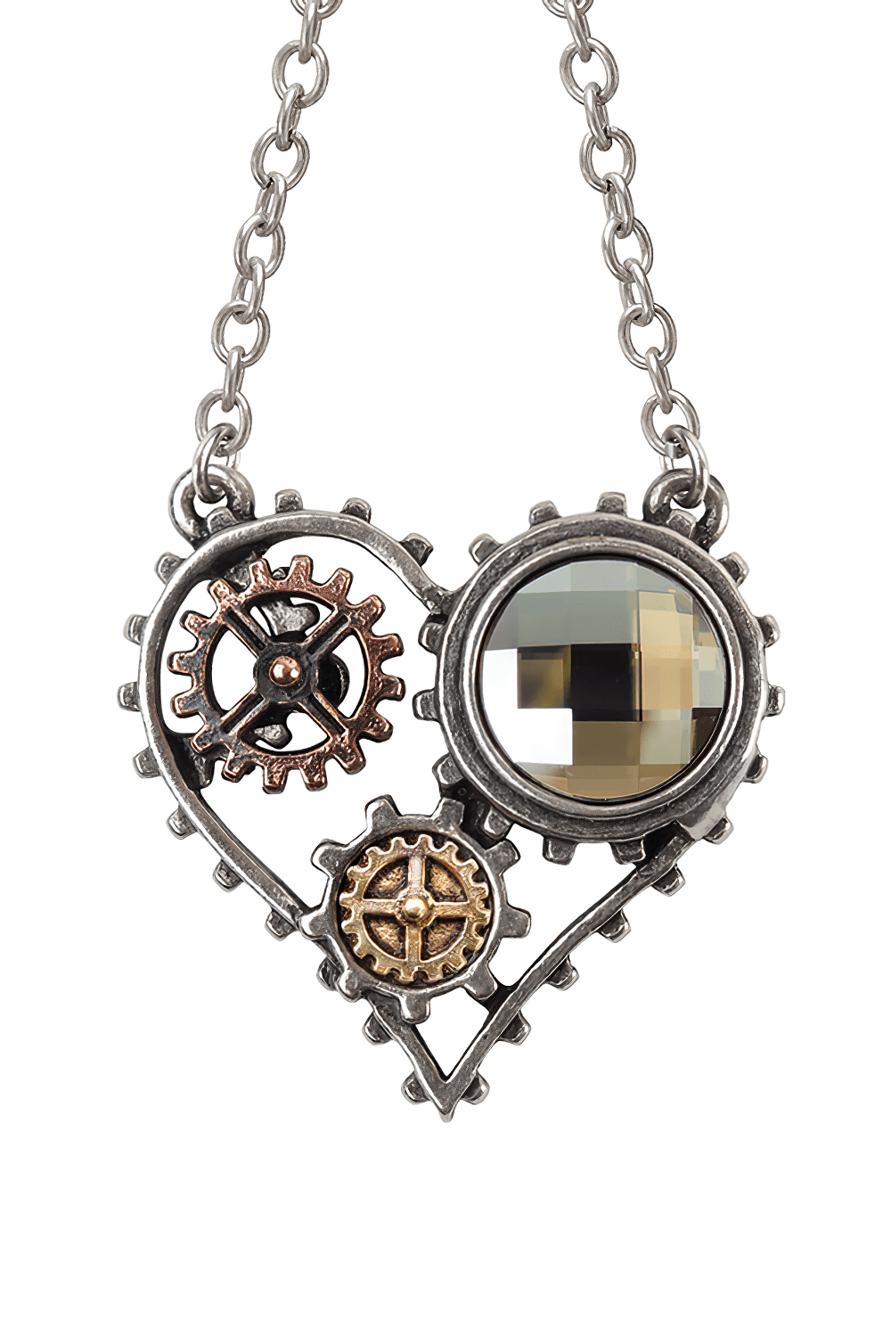 Steampunk Heart Pendant with Gears and Crystal Accent
