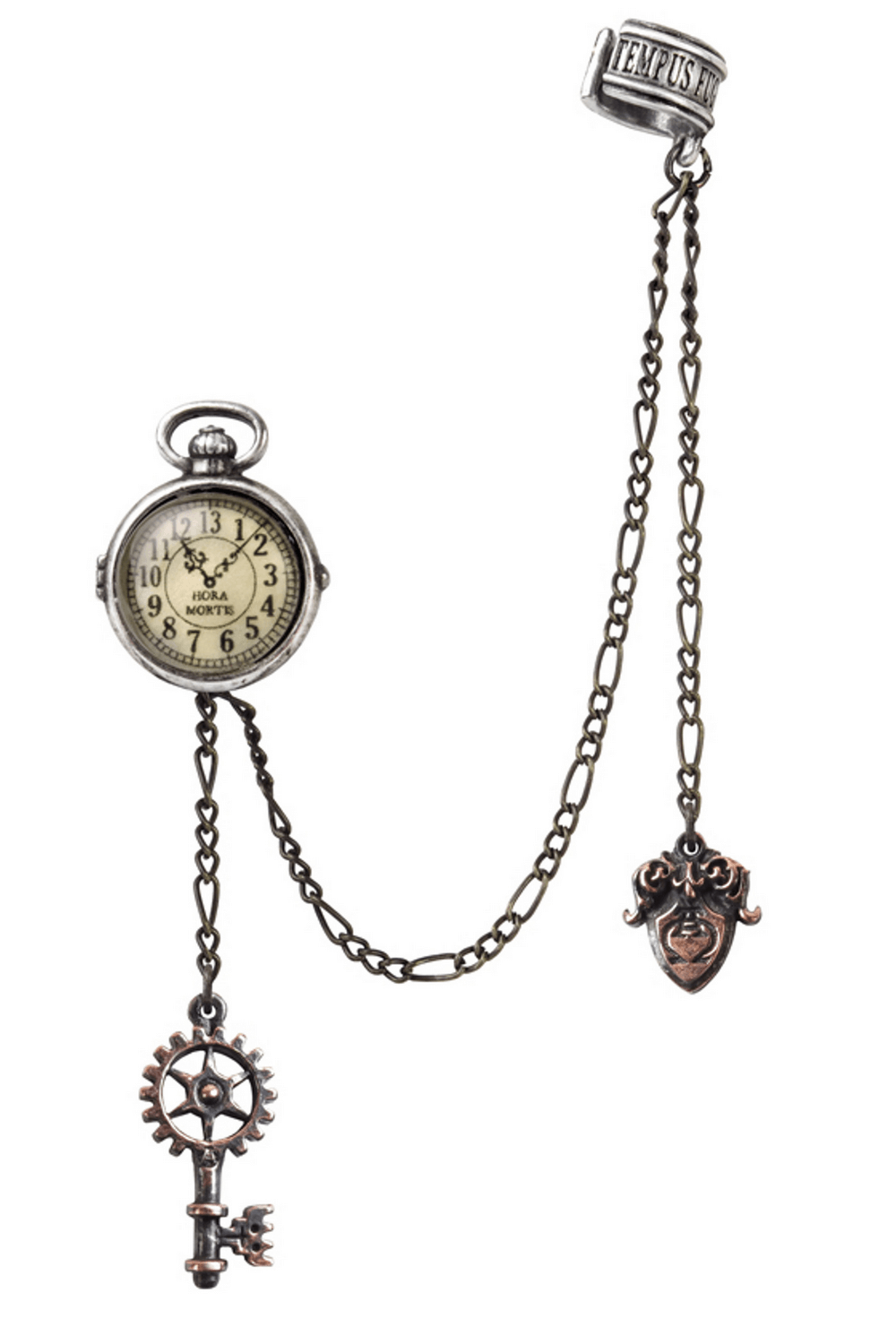 Steampunk Lunar Pocket Watch Ear Cuff with Key and Fob