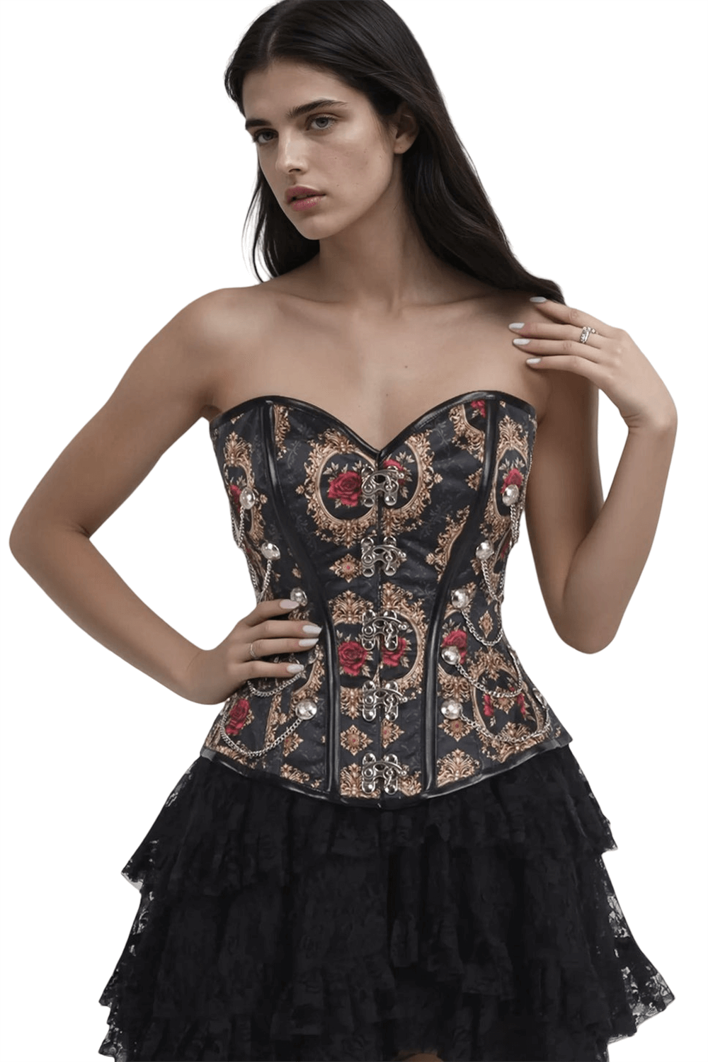 Steampunk Overbust Corset with Red Roses and Gold Chains