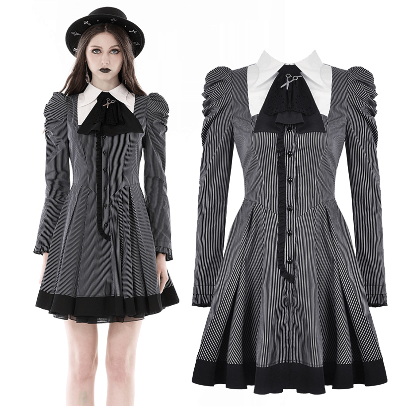 Steampunk Striped Dress with Ruffled Sleeves and Bow